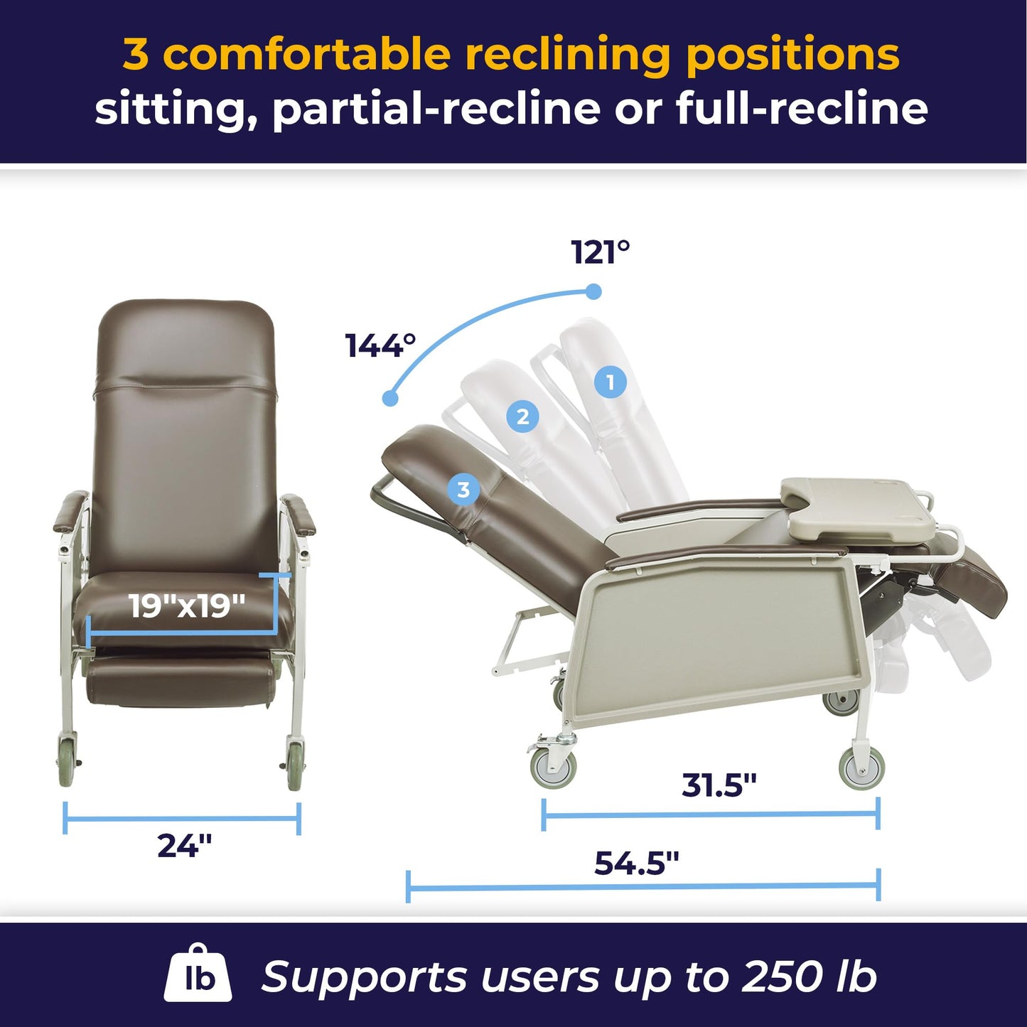 Drive Medical 3 Position Geri Chair Recliner, Reclining Chair with Armrests and Tray, Chocolate