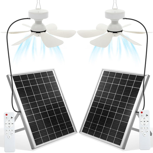 2 Set Solar Ceiling Fan Light Kit, 25W Solar Powered Rechargeable Gazebo Fans with 3 Color Light and Remote Control, Portable Fan for Outdoor Patio Canopy Shed Rv Porch Chicken Coop Camping Tent