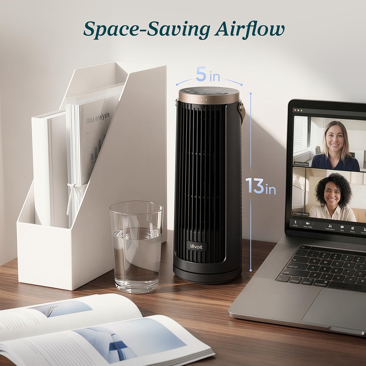 LEVOIT Tower Fan for Bedroom, 20dB Portable Fan with 23ft/s, Up to 20-Hour Battery Life, Easy-to-Carry Desk Fan, 5 Speeds 90° Oscillation, DC Motor, Night Light & Timer, Remoter, for Outdoors, Home