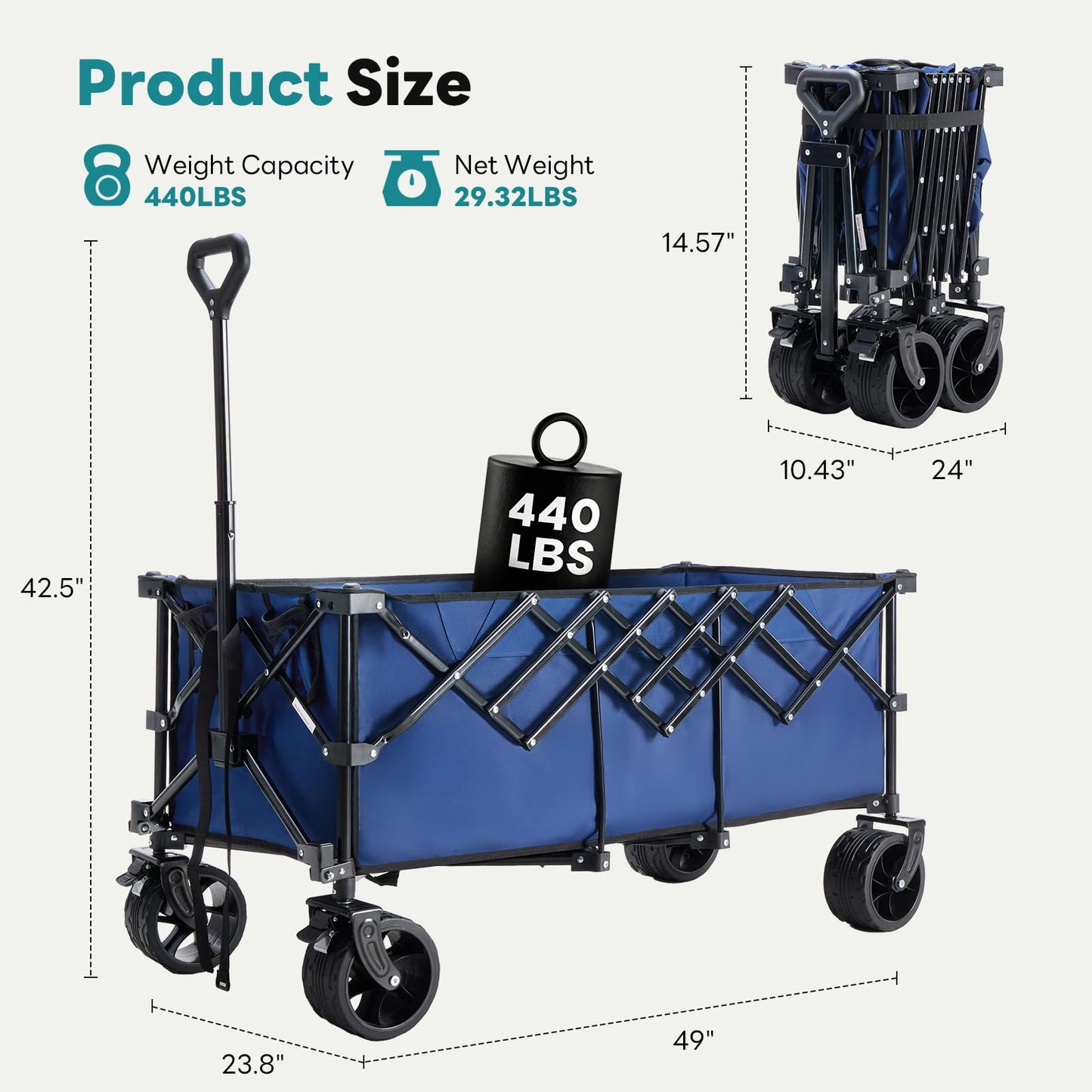 OLIXIS 49" Wagon Cart Collapsible 440lbs Foldable Extra Long Heavy Duty Utility Wagon with Wheels, Portable Storage Grocery Cart for Camping, Shopping, Sports, Beach, Garden, Blue