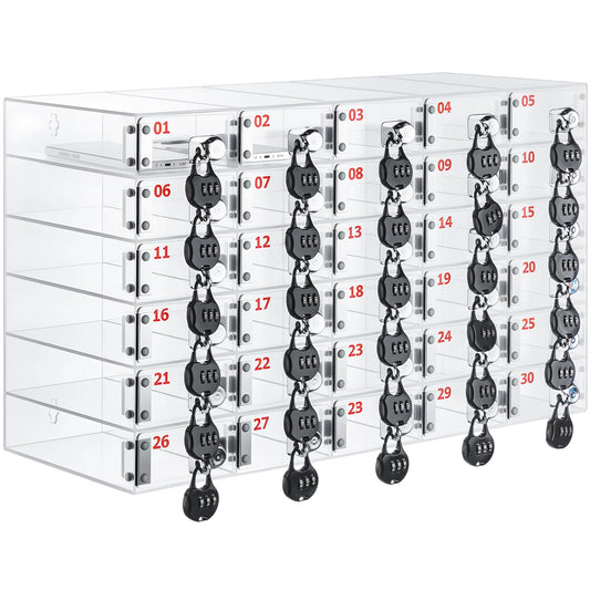 Colingmill 30 Slots Cell Phone Locker Box with Combination Lock, Clear Acrylic Phone Storage Cabinet for Back to School Classroom Students Employee Office Factory