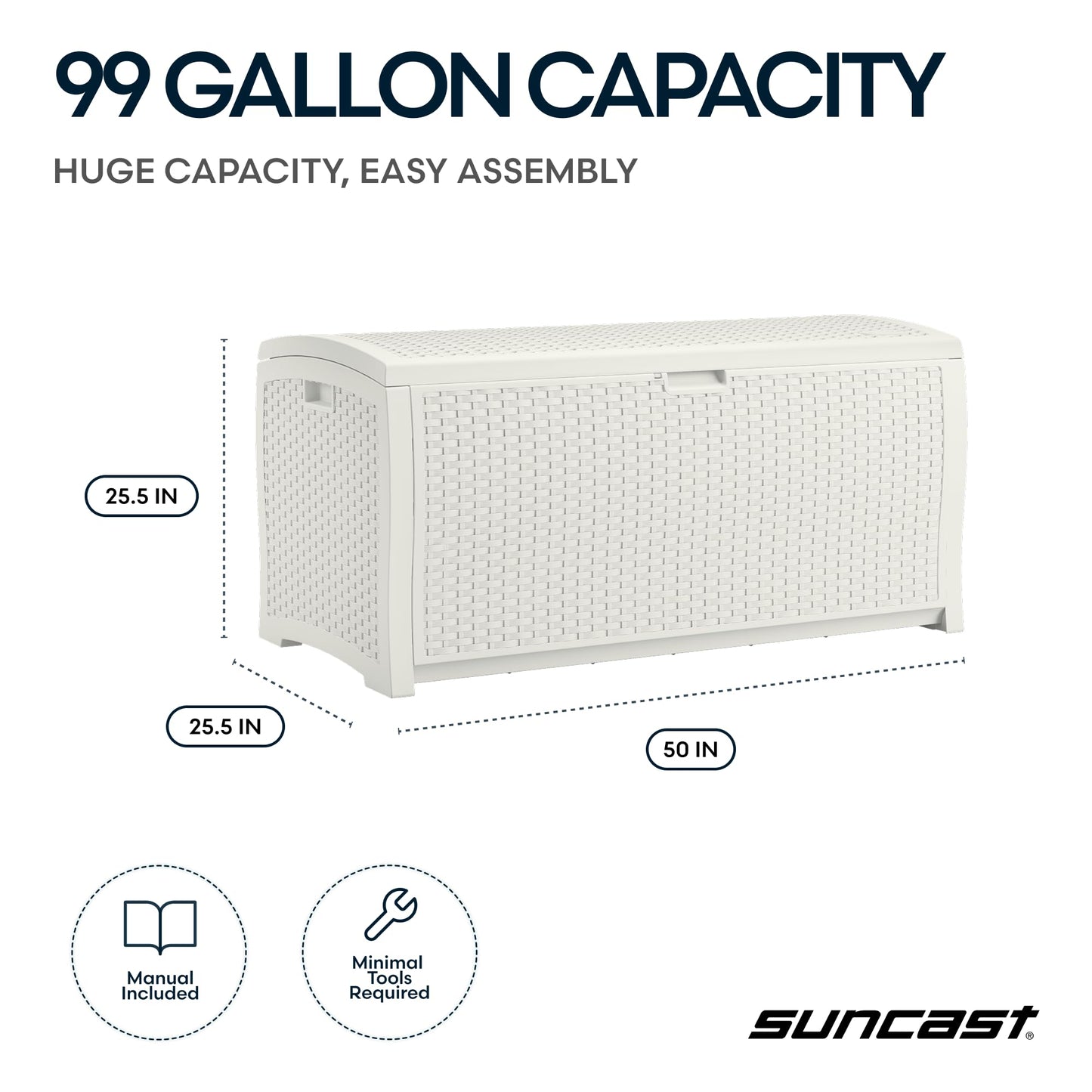 Suncast 99 Gallon Wicker Horizontal Outdoor Deck Box with Hinged Lid, Water-Resistant Storage Solution for Patio, Deck, Yard, and Garage, White, Made in the USA