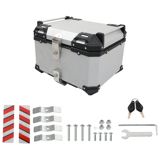 Thomletha 55L Aluminum Alloy Motorcycle Trunk Tour Tail Box Top Case with Mounting Plate Lock Silver