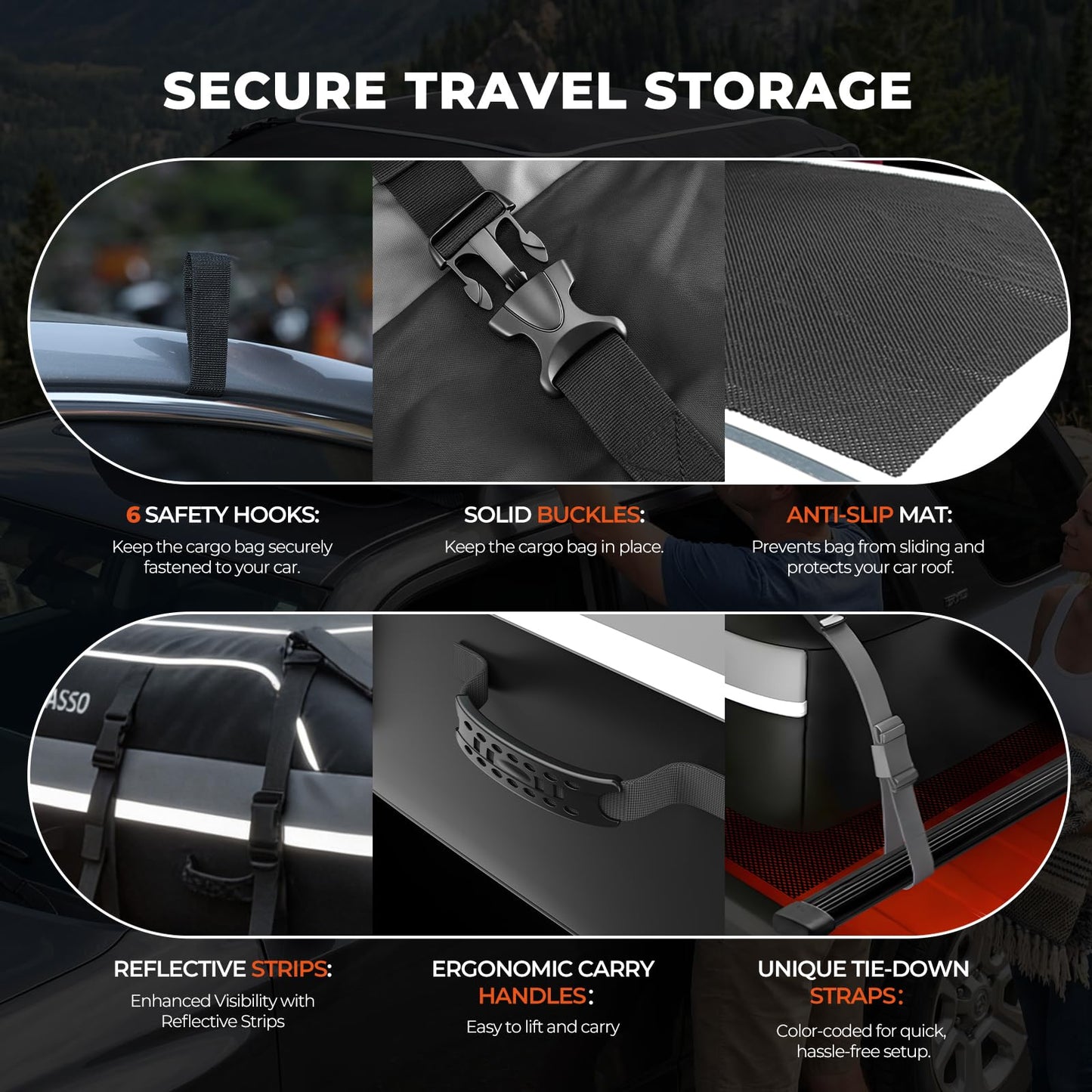 Car Roof Bag 21 Cubic Feet, Waterproof Rooftop Cargo Bag for Cars SUVs & Vans, 840D Heavy-Duty PVC, Universal Fit with or Without Roof Rack- Anti-Slip Mat，Combination Lock，6 Door Hooks，4 Extra Straps
