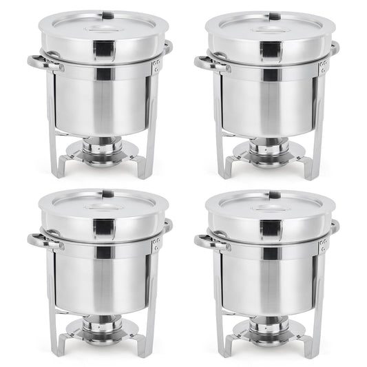 GarveeHome 7QT Soup Chafer Set of 4, Stainless Steel Round Soup Warmer with Pot, Notched Lids & Fuel Holders, Commercial Food Warmer for Buffets, Events and Party Service