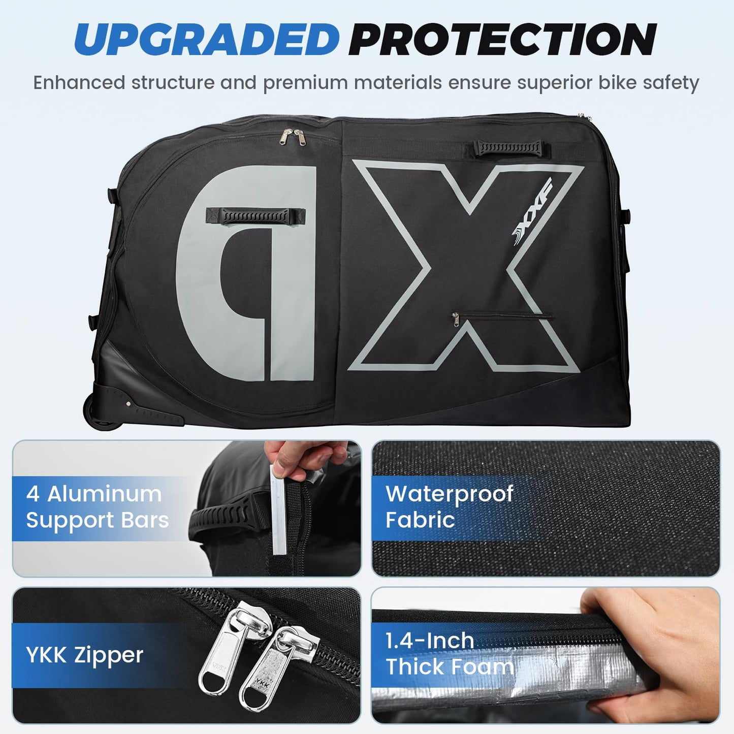 Exquimac Bike Travel Case & Bike Travel Bag - Bicycle Pro Transport Equipment for Air Flights - Oversized Capacity, Waterproof Fabric with 4 Aluminum Support Bars, Wheel Protection Tubes & YKK Zippers