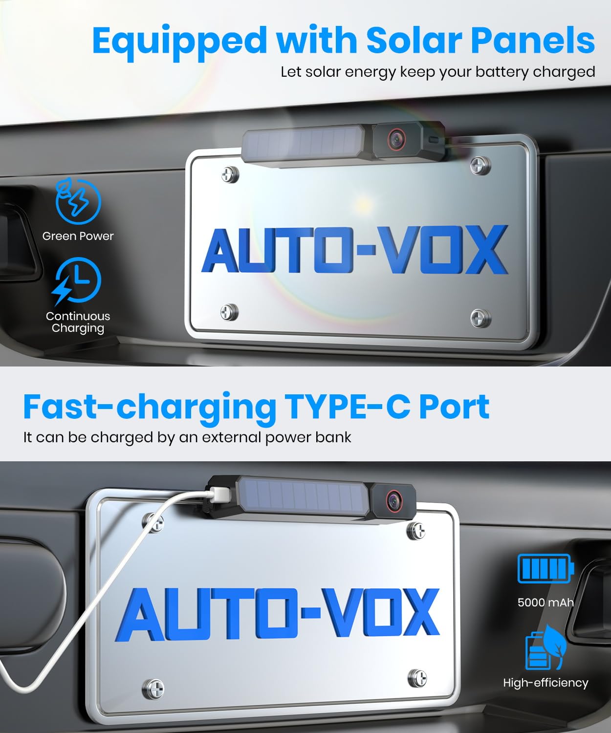 AUTO·VOX 5" Solar Wireless Backup Camera with USB Touch Power Cable, 1080P HD Monitor, No Cigarette Lighter Needed, Portable Power, 5000mAh Battery, IP69K Waterproof for Car Truck SUV