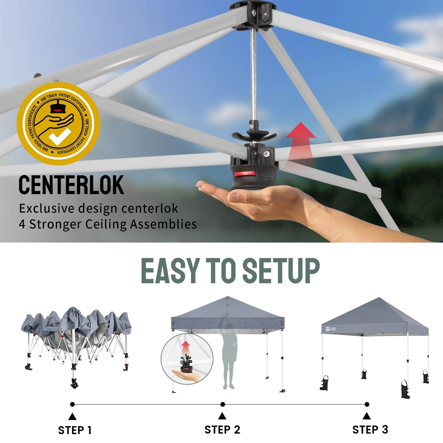CROWN SHADES Pop Up Canopy Tent, 8x8 Commercial Canopy Tent with 4" Wheels, 4 Upgraded Weights, Patented Centerlock, 400D Strength Oxford Fabric, Sto'N Go Bag, Gray