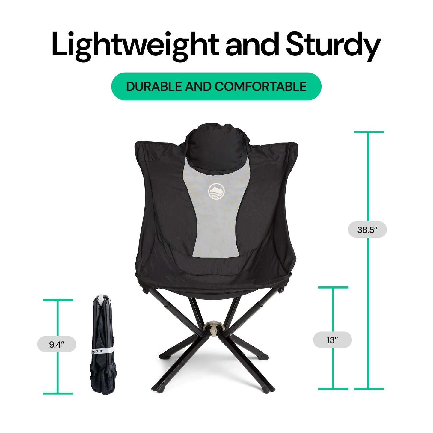CLIQ EpiQ 1.0 Outdoor Camping Chair - High Backrest Integrated Pillow with MagiQ Hub for Quick Setup, Military Grade Frame Supports 400 lbs (Black)
