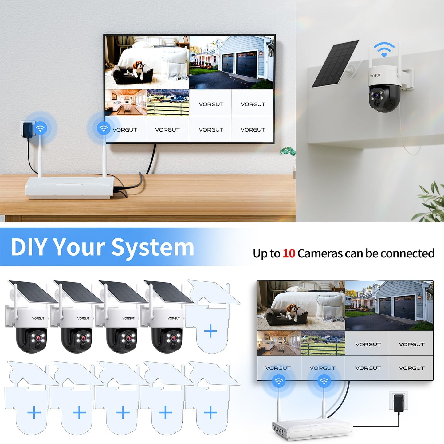 Solar Security Camera System Wireless Outdoor, 4pcs 2K Solar Powered Home Security Cameras, Full Color Night Vision, 360° Pan Tilt, Human Detection, 2.4G/5G WiFi 10CH NVR with 500G HDD