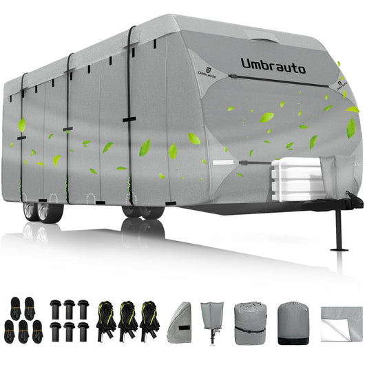 Umbrauto RV Cover Fits 30-33ft Travel Trailer: Lightweight, Waterproof Camper Cover for Toy Hauler, Winter Campsite, with Gutter Covers, Tongne Jack Covers, Windproof Straps