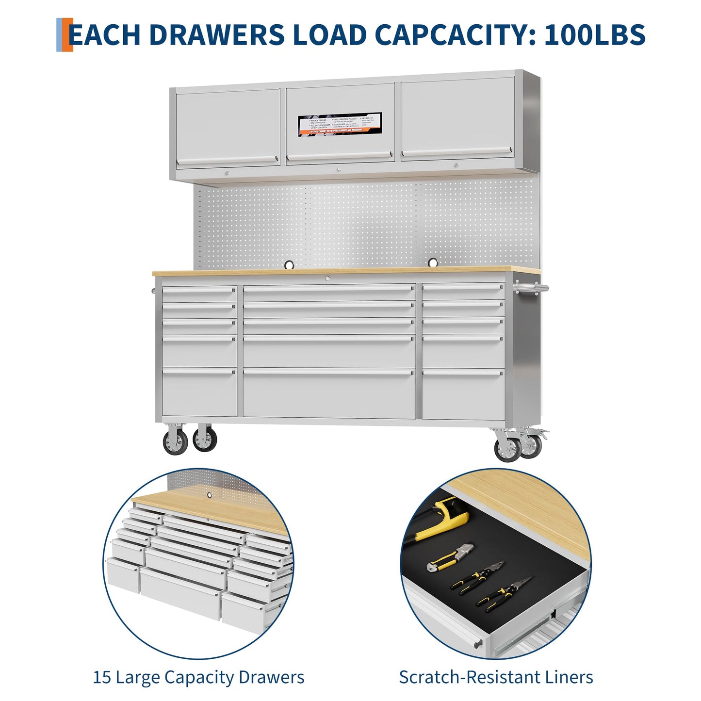Garvee 72 Inch Rolling Tool Chest Workbench with Solid Wood Top, 15 Drawer Lockable Tool Storage Cabinet on Wheels, Heavy Duty Mobile Tool Box Cart for Garage, Workshop and Repair Shop