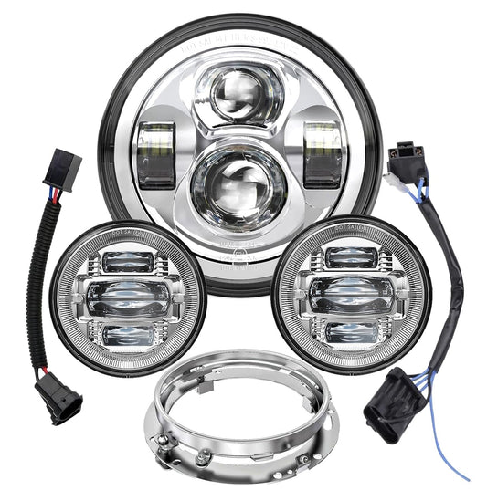 7 Inch Motorcycle LED Headlight 4.5" Fog Passing Lights DOT Kit for Harley Davidson Street Glide Touring Road King Electra Glide Fat boy Ultra Classic Heritage Softail Switchback CVO Tri Glide Chrome