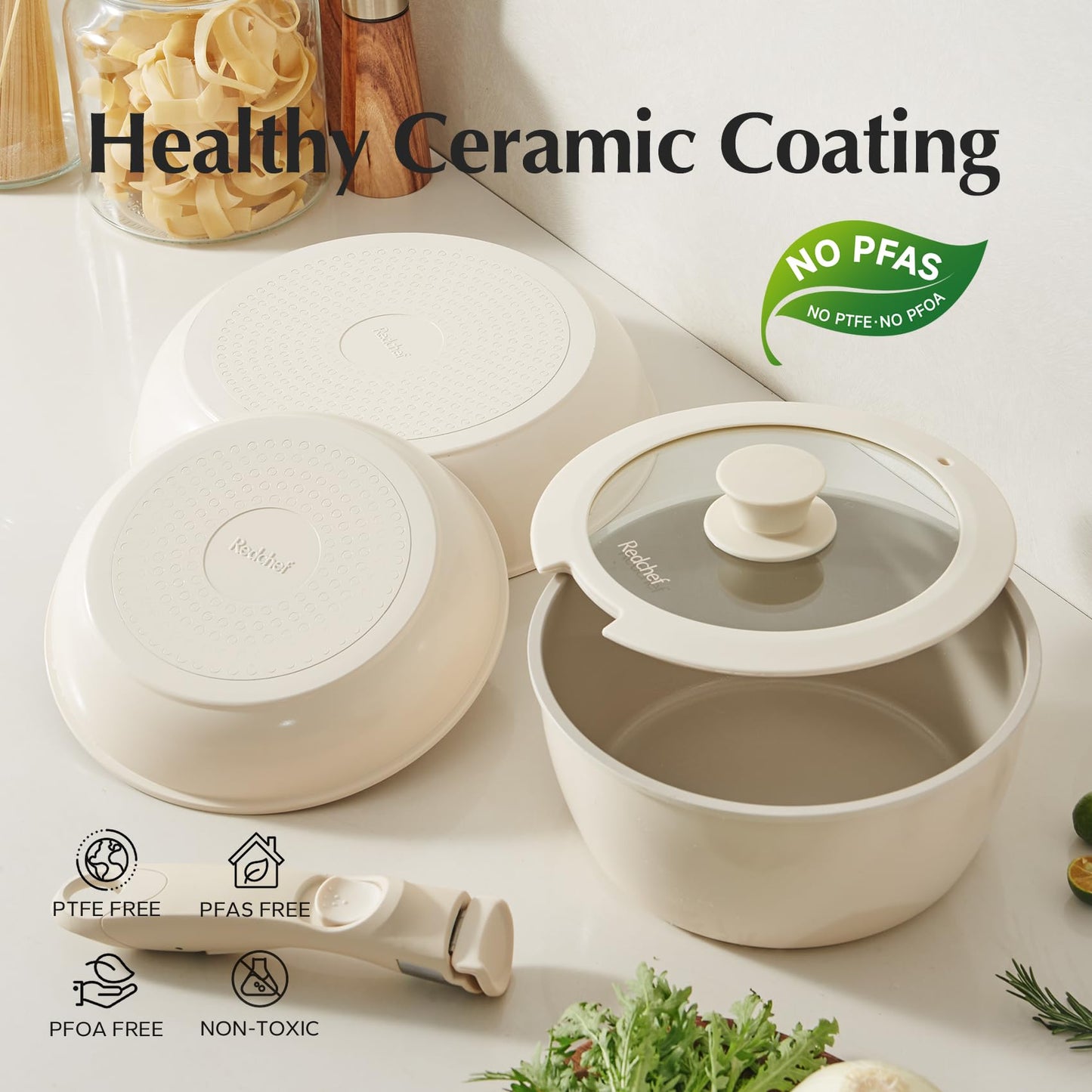 Redchef 32pcs Ceramic Pots and Pans Set Non Stick, Nonstick Kitchen Cookware Set with Detachable Handle, Non Toxic, PFAS PFOA & PTFE Free, RV Ceramic Cookware Set for Camping, Dishwasher/Oven Safe