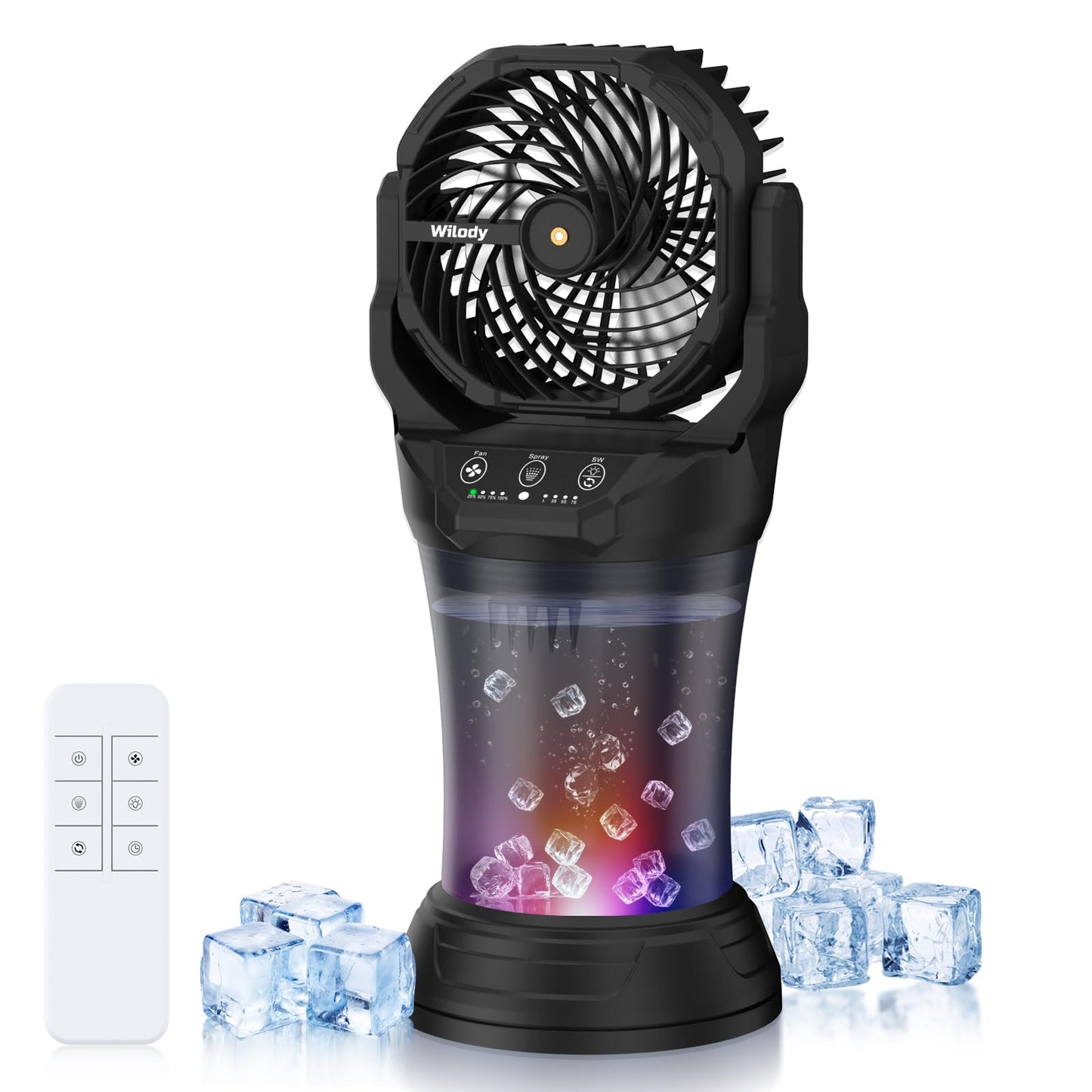 Wilody Misting Fan Portable Camping Fan Battery Powered with Remote Control, RGB Ambient Light with 2L Bucket, Battery Indicator, 120° Auto Oscillating, Timing Function, Grip Handle(Black)