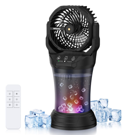 Wilody Misting Fan Portable Camping Fan Battery Powered with Remote Control, RGB Ambient Light with 2L Bucket, Battery Indicator, 120° Auto Oscillating, Timing Function, Grip Handle(Black)