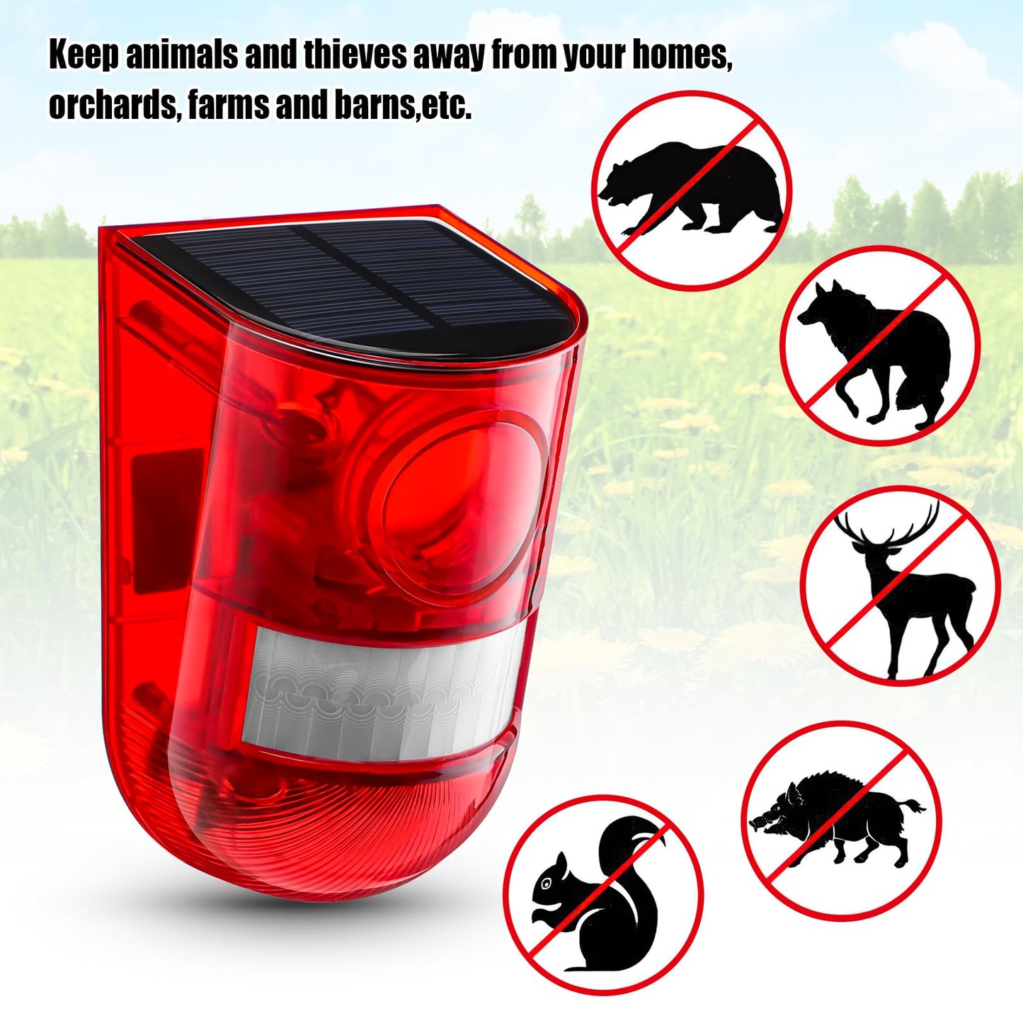 Qualirey Solar Sound and Light Alarm Motion Sensor 129db Outdoor Security Siren Waterproof Activated Detector Driveway Alarm 6 LEDs Flash Warning Deterrent Strobe System for Home, Farm(Red,12 Pack)