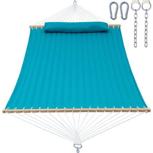 GAFETE Hammock 2 Person Quilted Fabric Hammocks for Outside, Double 12ft Hammocks with Spreader Bar, Large Removable Pillow, Storage Bag, Carabiners, Max 475 lbs Capacity (Canyon Creek Aqua)