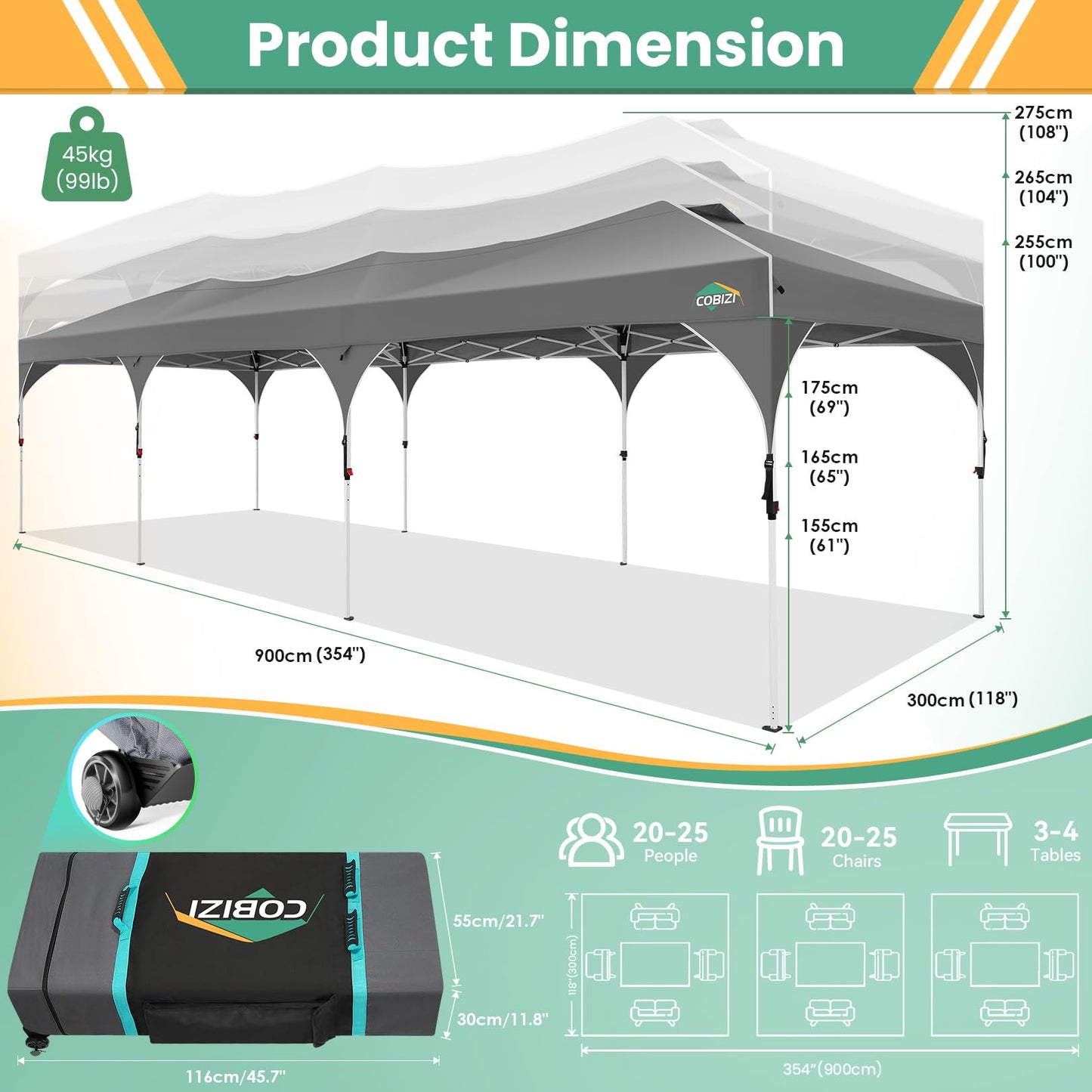 COBIZI 10x30 Pop Up Canopy Tent, Outdoor Party Tent with 5 Sidewalls, 1 Person Easy Set up, Tents for Parties with Fluorescent Strip & 4 Sandbags, Waterproof UPF50+, 3 Adjustable Height, Gray