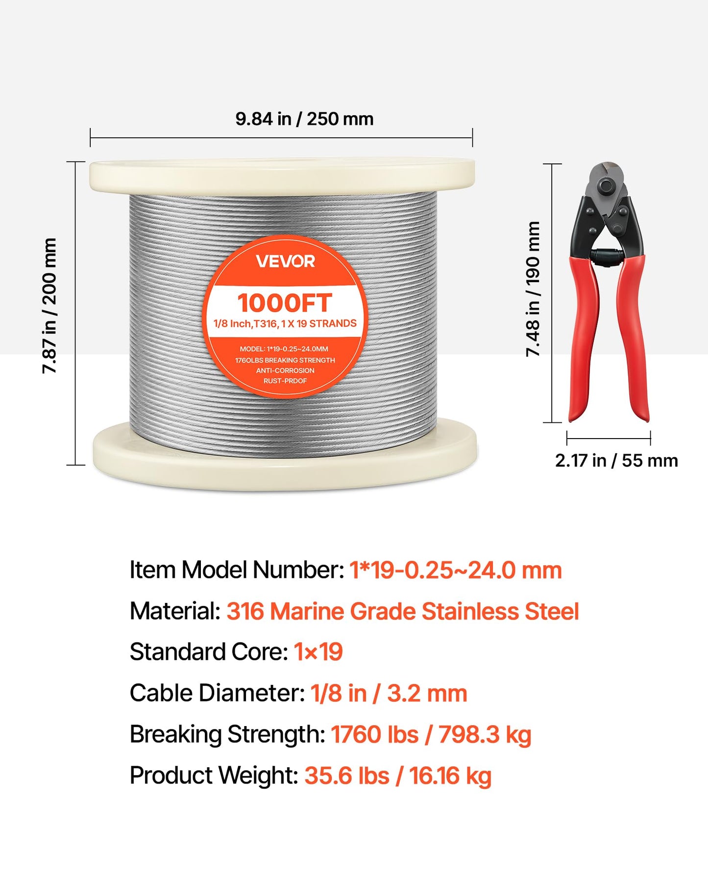 VEVOR 1/8 Inch Wire Rope, 1000 ft Length, 316 Stainless Steel Wire Cable with Cutter, 1760 lbs Breaking Strength, 1 x 19 Strands Construction, Steel Cable for Deck Railing System, Garden Trellis
