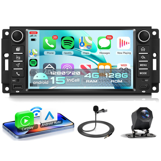 4Core 4G+128G Android 15 Car Stereo Radio for Jeep Wrangler JK 2007-2018/jeep Grand Cherokee/Commander/Compass, for Dodge Ram/Challenger(2009-2011) Wireless Carplay Android Auto GPS WiFi