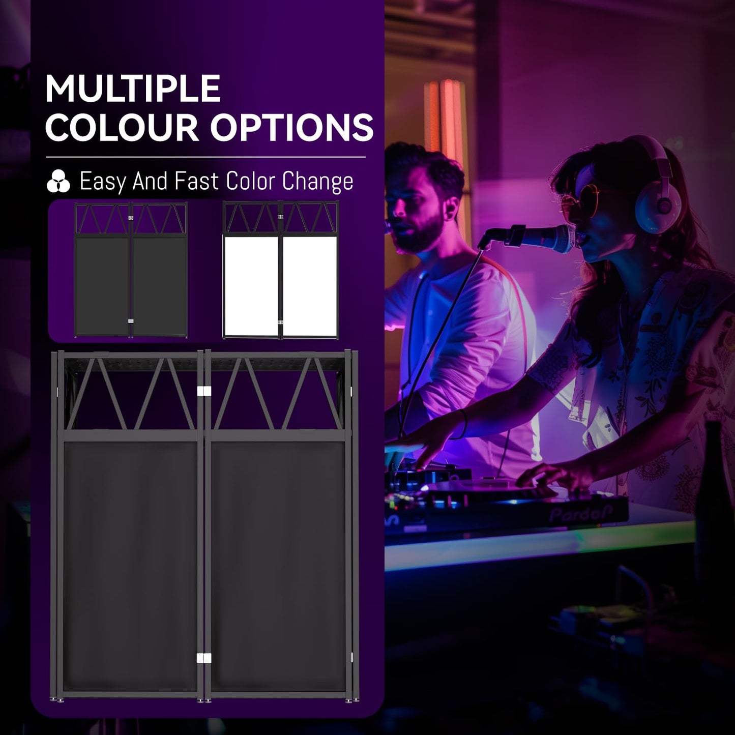 lunacme Portable DJ Booth Table,Foldable DJ Table Stand with White & Black Scrim,Adjustable D J Facade Station Triangle Plate Metal Frame with Cable Hole for Private Events, Clubs, Bars