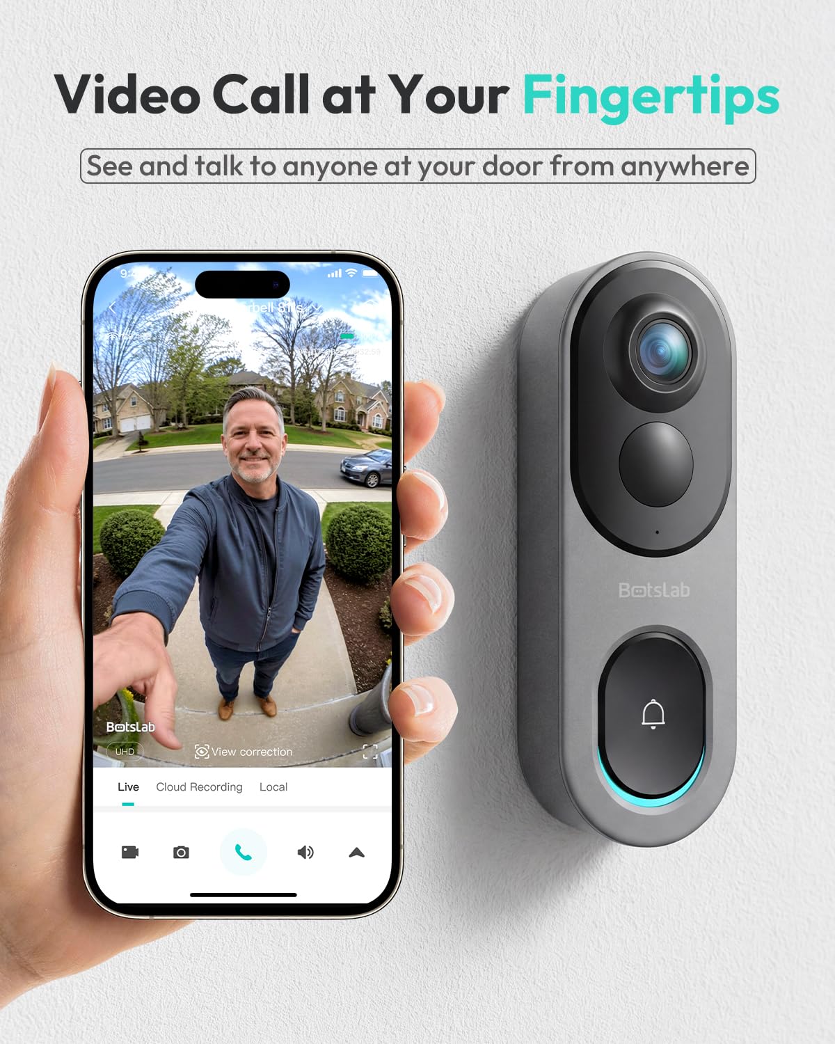 BOTSLAB 5MP Wireless Video Doorbell Camera,180° Head-to-Toe View, AI Motion Detection, VR Mode, Battery or Wired Powered, Package Detection, 32GB SD Card, 6400mAh Battery,Easy Installation,2.4GHz WiFi