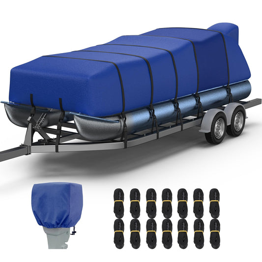RVMasking Pontoon Boat Cover with Motor Cover, 1400D Heavy Duty Middle Reinforced, Marine Grade Waterproof Boat Cover for Length: 25'-28', Beam Width up to 102", Blue