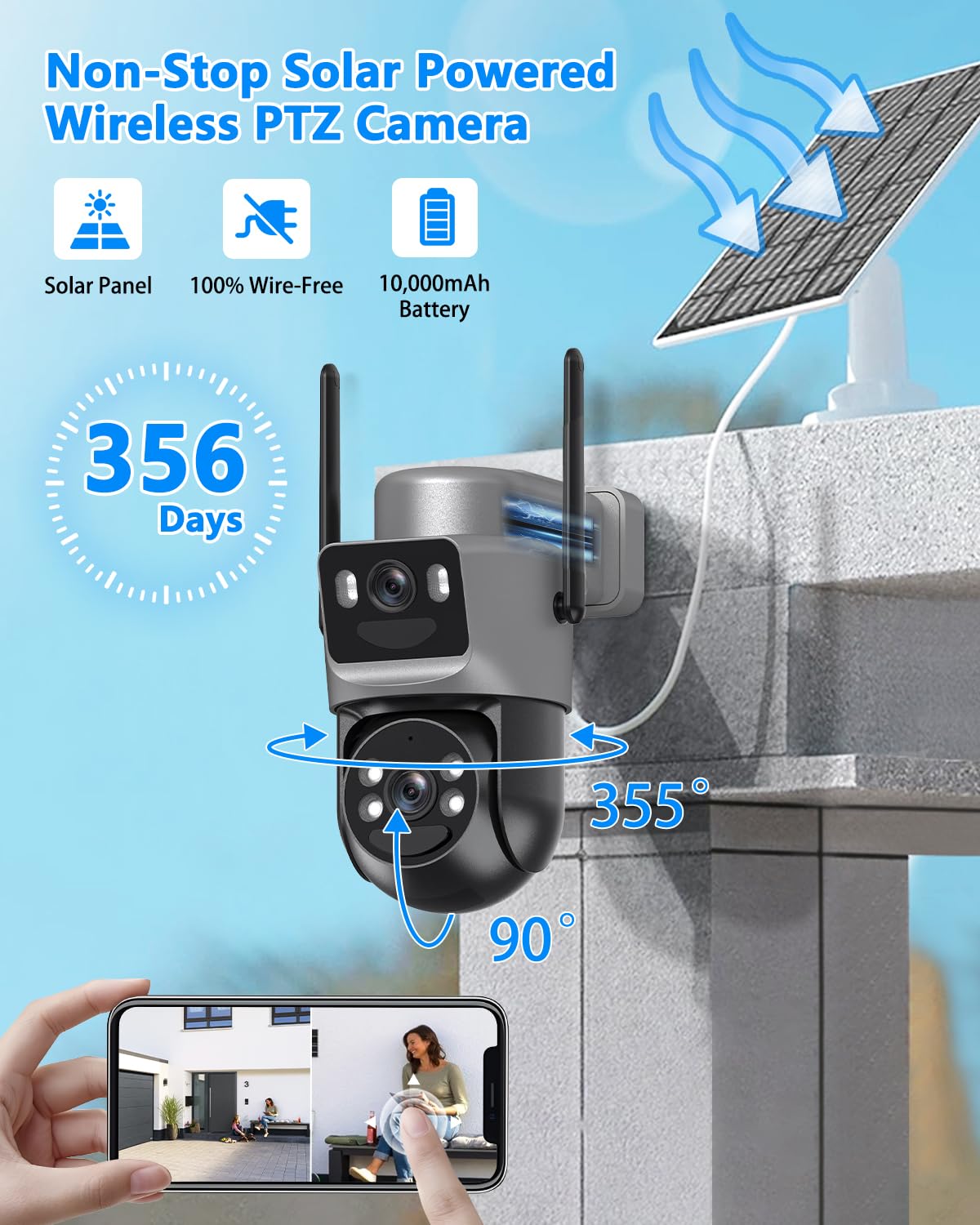 Latuwuz 4K Security Cameras Wireless Outdoor Solar, 5GHz/2.4GHz WiFi 360° PTZ Cameras for Home Security with Dual Lens, Color Night Vision, Human Detection, Siren, 2-Way Audio, IP66
