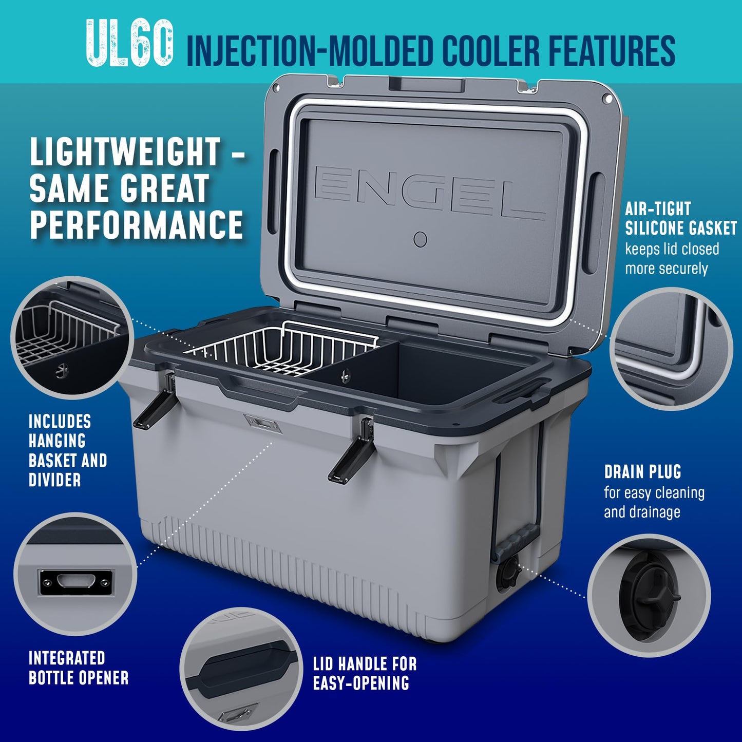 ENGEL 60 QT Ultra-Light Injection Molded Cooler - Ice Chest Keeps Ice up to 7 Days - Large Cooler Includes Wire Basket, Divider and Built-in Bottle Opener - Blue with Dark Grey Interior (Blue)