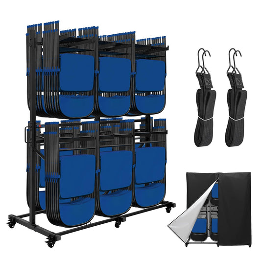 CXRCY Folding Chair Rack, Heavy-Duty Two Tier Folding Chairs Cart with 6 Tank Wheels, 800LBS Capacity for 84 Chairs or 12 Tables, 2 Elastic Band, Dust Cover