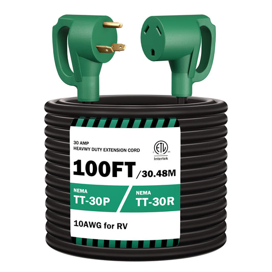 STRIGHT 100FT RV Extension Cord 30 Amp, RV Power Extension Cord NEMA TT-30P Male to TT-30R Female Heavy Duty 10 AWG STW 3-Wire for RV Trailer Campers 125V, 3750W, ETL Listed (100FT 30AMP), Green Plug
