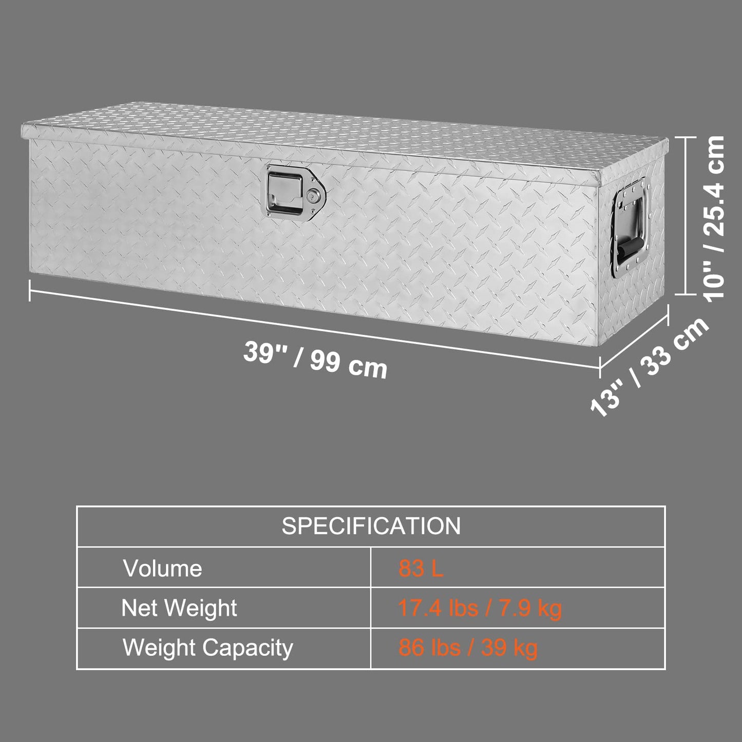 VEVOR Heavy Duty Aluminum Truck Bed Tool Box, Diamond Plate Tool Box with Side Handle and Lock Keys, Storage Tool Box Chest Box Organizer for Pickup, Truck Bed, RV, Trailer, 39"x13"x10", Silver