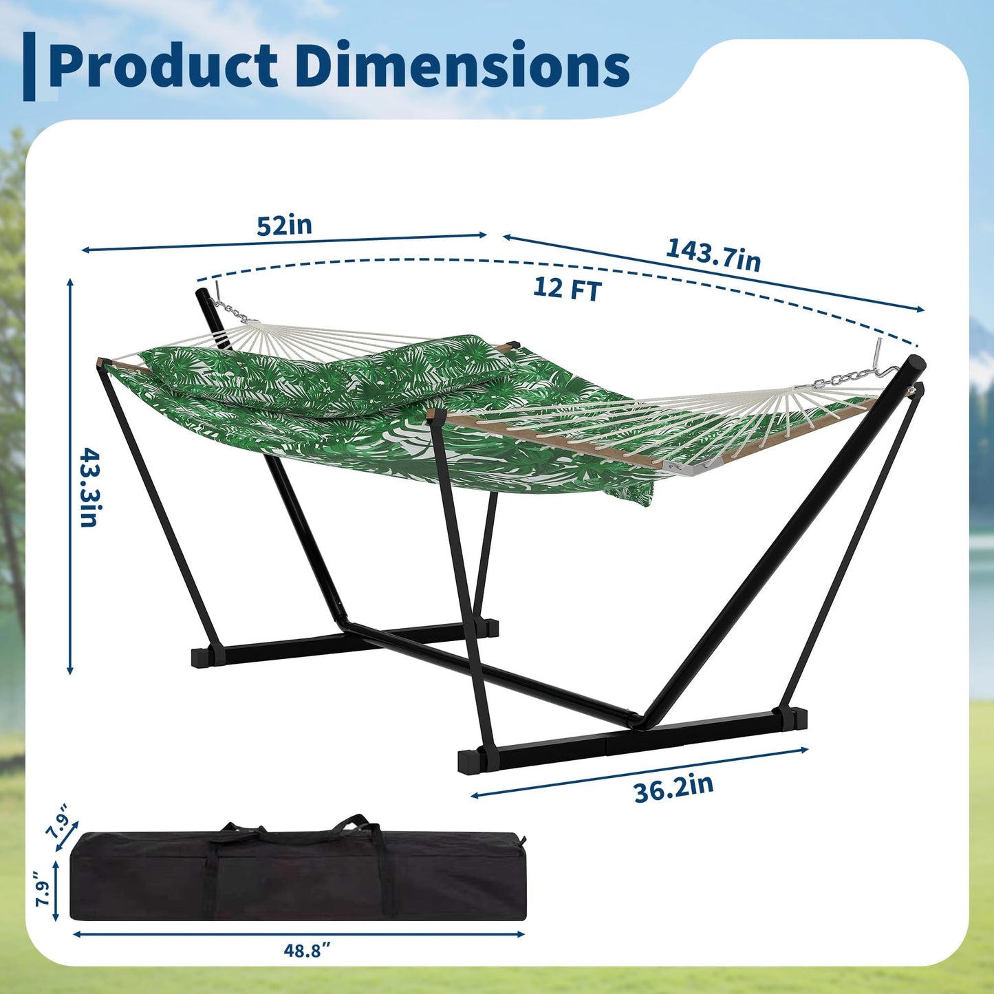 Double Hammock with Stand for Outdoor Use – 2-Person Portable Hammock with Curved Spreader Bar & Balance Ropes, Heavy Duty 450 LBS Capacity for Backyard, Patio & Camping, Green