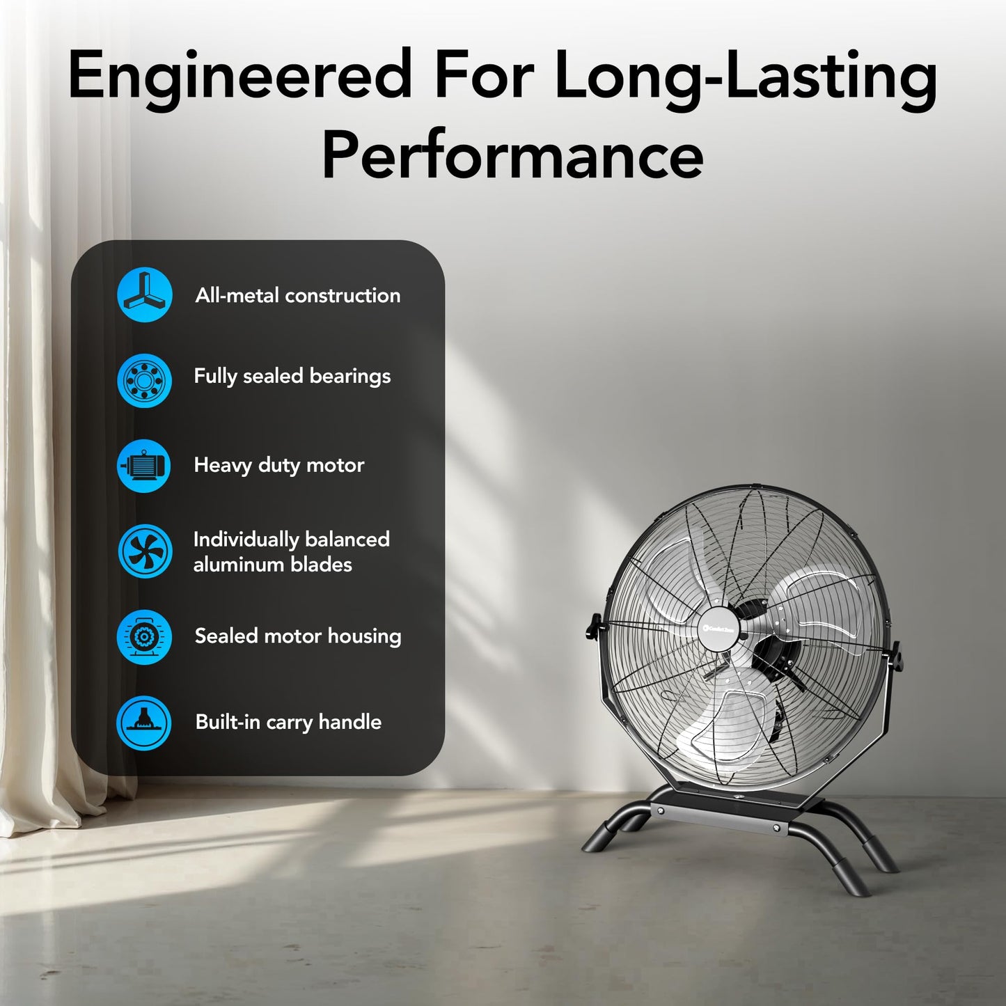 Comfort Zone 20-inch Industrial High Velocity Fan – Heavy Duty All-Metal Floor & Wall Mount Fan, 3-Speed High Power Cooling for Garage, Workshop, or Warehouse – Sealed Motor & Balanced Aluminum Blades