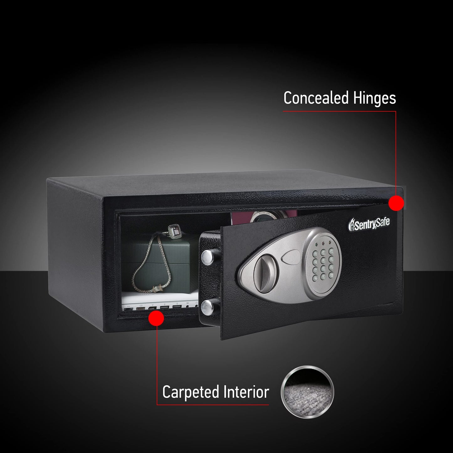 SentrySafe Shelf Safe with Digital Keypad Lock, Steel Safe with Interior Lining and Bolt Down Kit for Money, Jewelry, 0.78 Cubic Feet, 7.1 x 16.9 x 13.8 Inches, X075