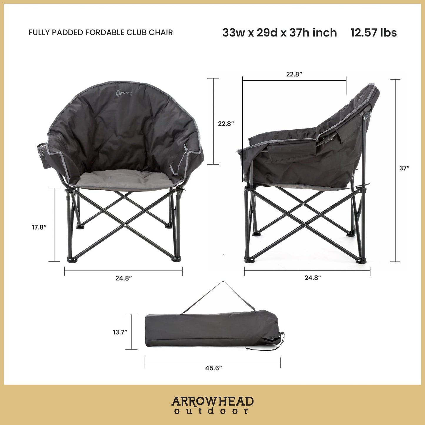 ARROWHEAD OUTDOOR Oversized Heavy-Duty Club Folding Camping Chair with Pocket, Cup Holder, Portable, Padded, Moon, Round, Saucer, Supports 330lbs, Carrying Bag