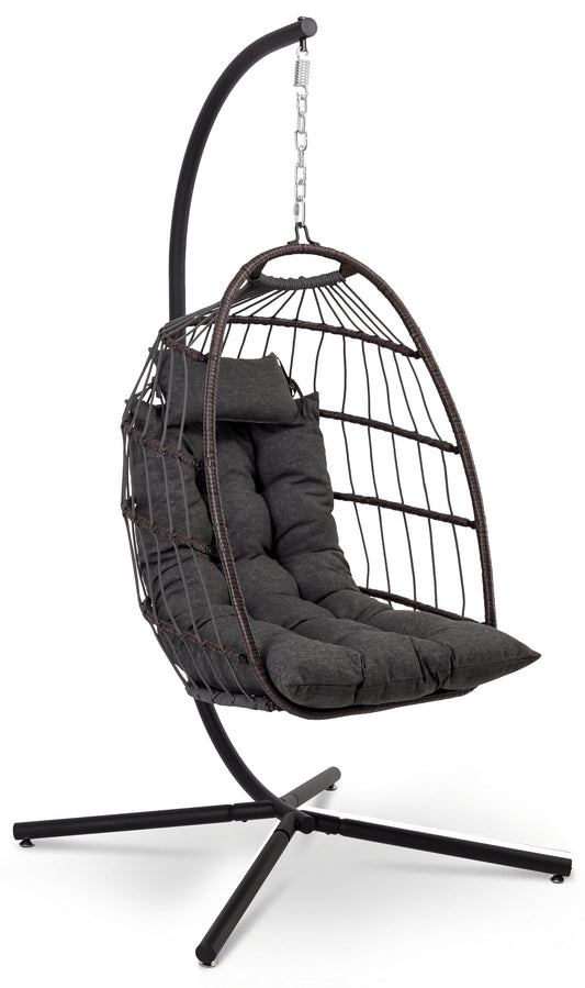 SereneLife Egg Chair with Stand – Hanging Rattan Wicker Swing for Indoor Outdoor Use – 350 lbs Capacity, Breathable Cushion & Headrest – Patio, Balcony, Porch, Bedroom Lounge Furniture