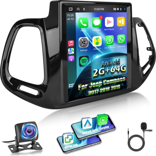 [2G+64G] Volxcereo Car Radio for Jeep Compass 2017 2018 2019, 9.7 inch Vertical Android Touchscreen Stereo with Carplay/Android Auto, GPS Navigation, WiFi, Bluetooth, SWC, FM/RDS, EQ