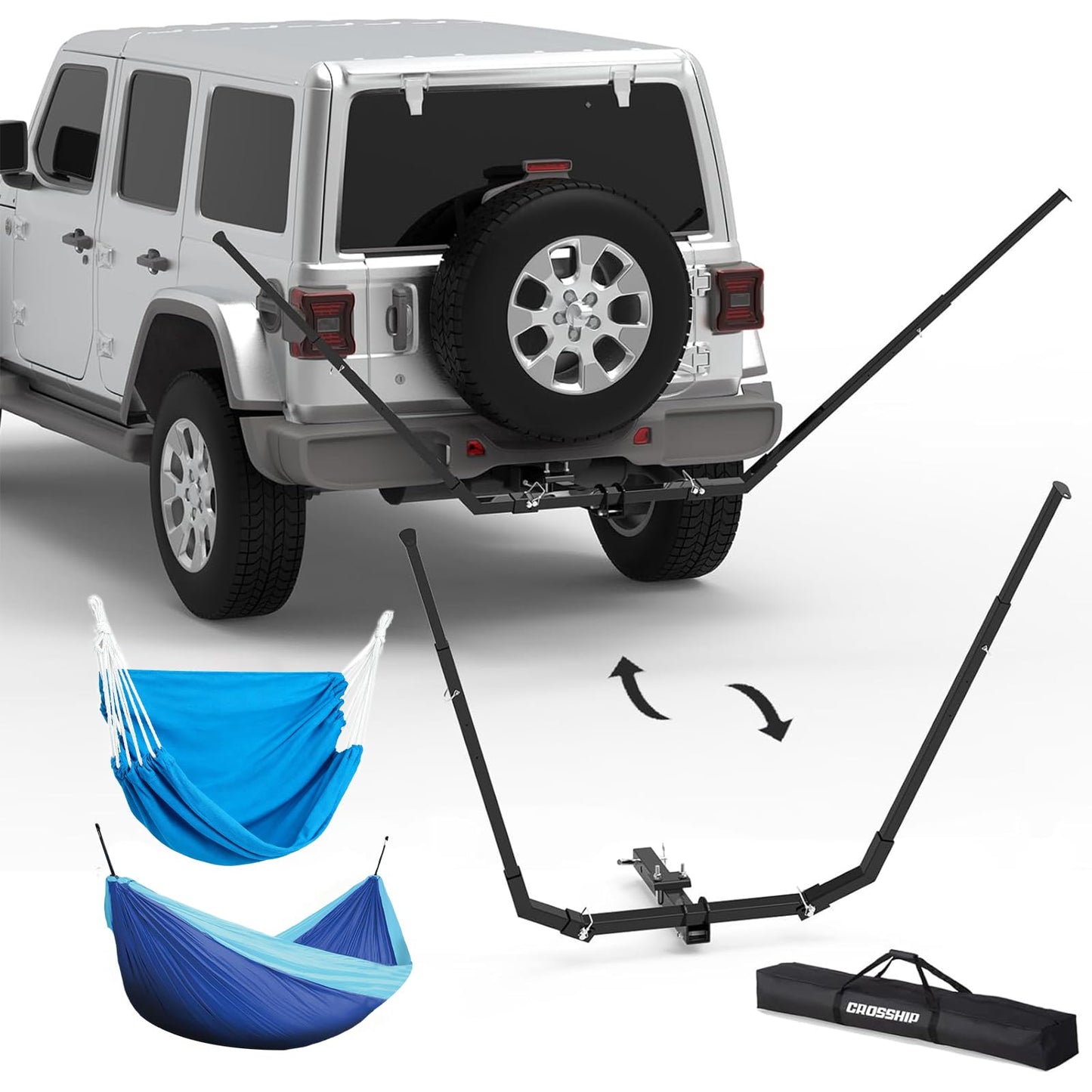 CROSSHIP Hitch Mount Hammock & Chair Stand - Fits 2in Hitch Receiver - Includes Parachute Nylon Hammock, Hammock Chair & Storage Bag - for Camping, Outdoor, Travel (350lbs Weight Capacity)