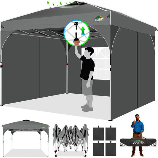 COBIZI Canopy Tent 10x10, Easy Up 10x10 Pop Up Canopy for Party Camping, Party Tents with One Push Central Button Air Vent, Outdoor Gazebo Tent with Sidewalls and Reflective Strip(Grey)