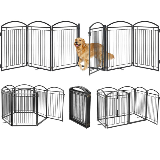 Full Metal Free Standing Dog Gate with Door for Indoor Barriers,144'' Extra Wide 32'' Tall Dog Gate for Doorways,Large Openings,Decks,Freestanding Portable Pet Fence(6 Panels,Black)