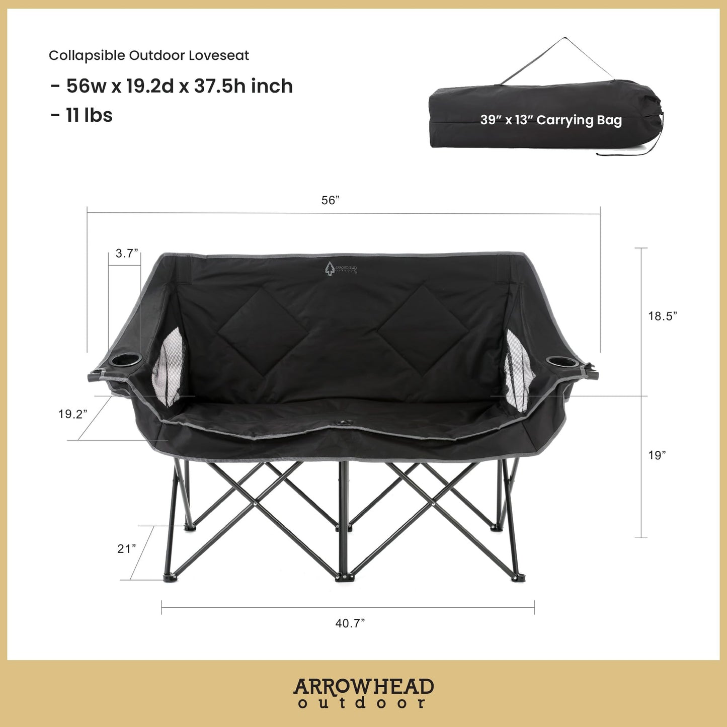 ARROWHEAD OUTDOOR 2-Pack Portable Folding Camp Loveseat Chair w/Glass & Cup Holders, Heavy Duty Carry Bag, 650 lbs Weight Capacity