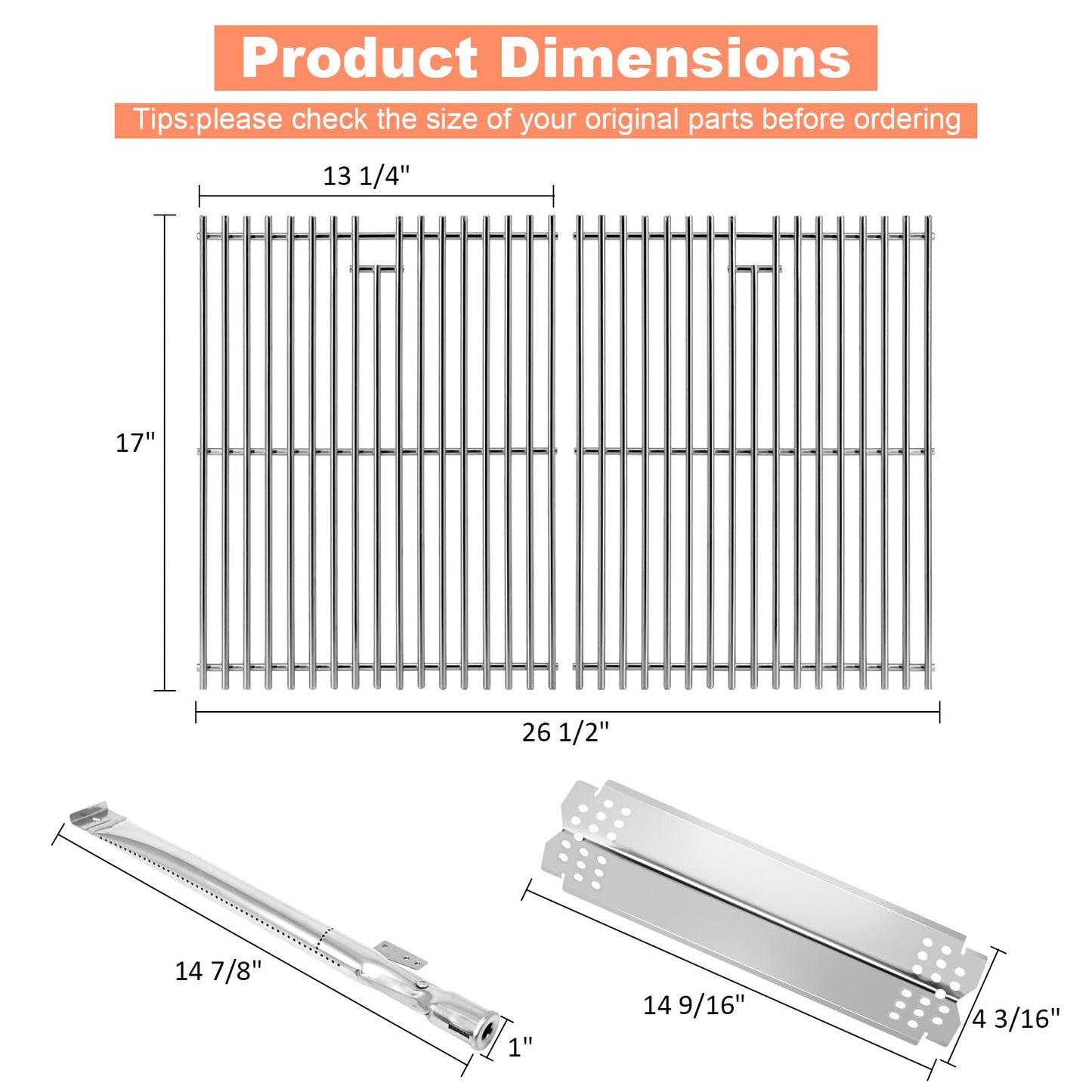 Grill Parts for Nexgrill 5 Burner 720-0888 720-0888N 720-0888A,4 Burner Nex-grill 720-0830H 720-0830 Stainless Steel Cooking Grates, Heat Plates, Burner Replacement Kit for Home Depot Nex grill