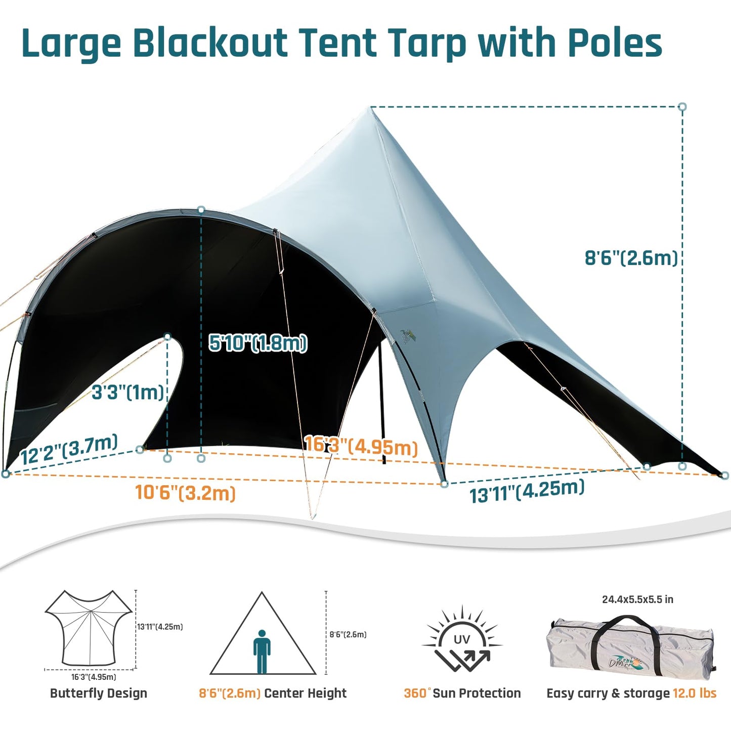 Blackout Camping Canopy Waterproof Tent Tarp with Poles Sun Shade Shelter for Outdoor Camping Backyard Picnic, Included Guy Lines & Luminous Tent Stakes, Gray