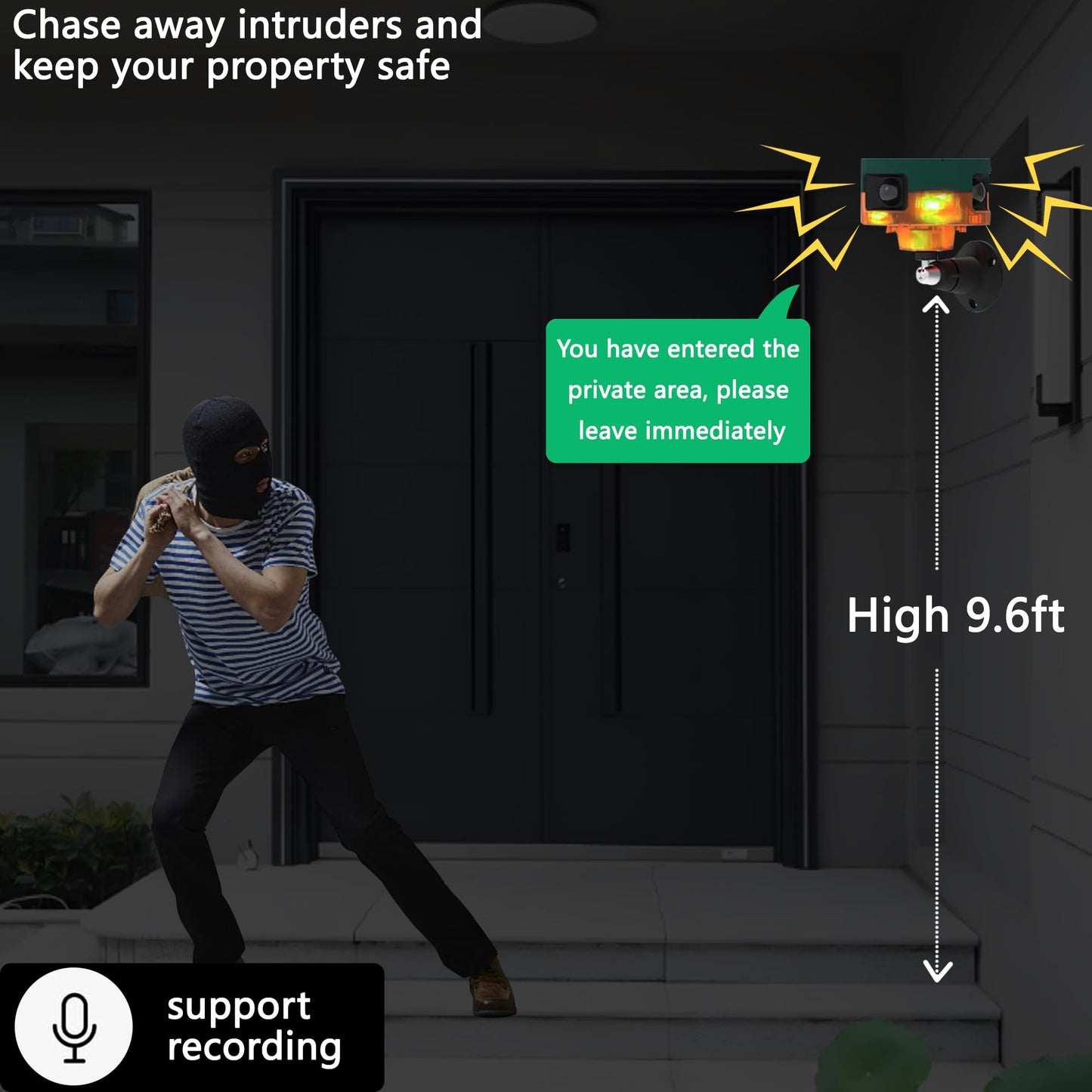QXMH Solar Outdoor Motion Sensor Alarm: Dog Barking&Gunshot Sound, 129db Loud Siren,Support Recording, 13 Kinds of Sound Strobe Light。4PCS