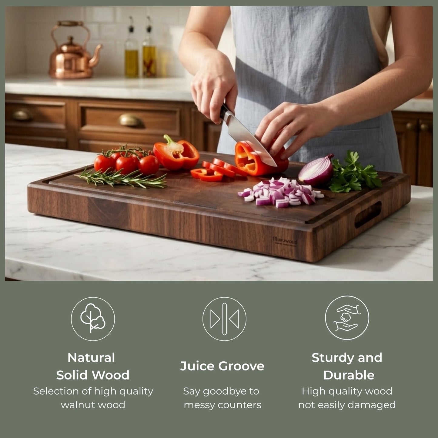muso wood End Grain Cutting Board, Black Walnut Wood, 2" Thick Dual-Sided Wooden Chopping Board with Juice Groove & Handle - Idea for meat cutting, vegetable dicing, and fruit processing, 16 x 12 inch