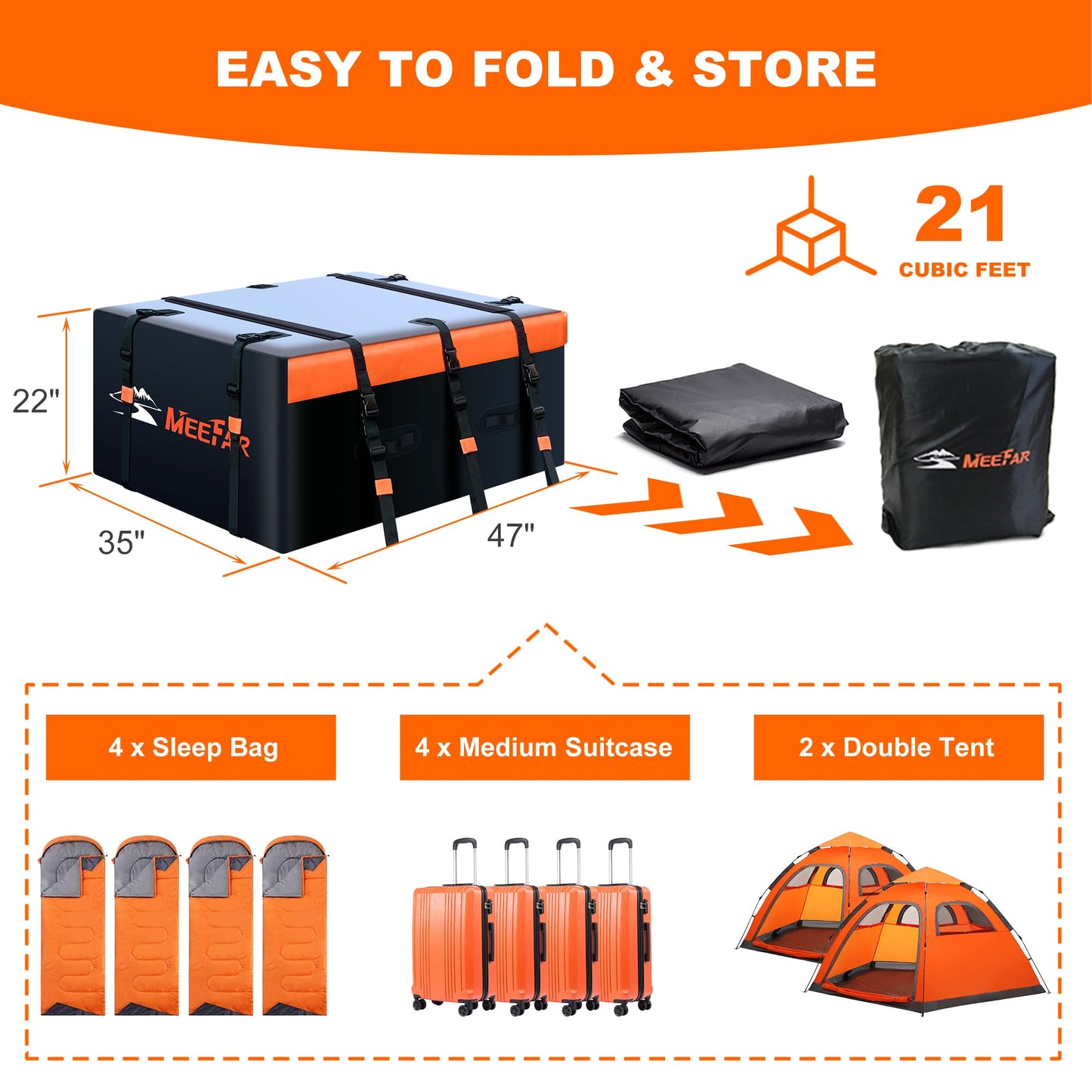 MeeFar Rooftop Cargo Carrier Car Roof Bag 21 Cubic Feet 100% Waterproof Car Top Carrier, Fits All Vehicle with/Without Rack,Include Anti-Slip Mat,10 Reinforced Straps,6 Door Hooks,Luggage Lock