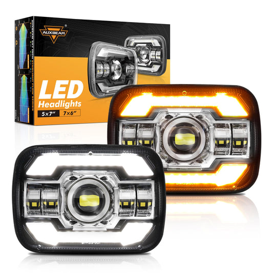 Auxbeam 5x7 7x6 LED Headlights with DRL & Turn Signal High/Low Beam DOT Approved H6054 Led Rectangular Headlight for Jeep Wrangler YJ Cherokee XJ H6054 H5054 H6054LL 69822 6052 6053