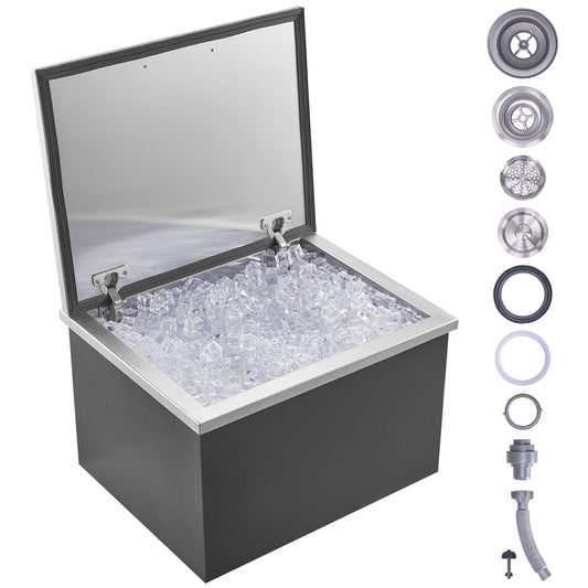 VEVOR Drop in Ice Chest, 20" L x 16" W x 13" H Stainless Steel Ice Cooler, Commercial Ice Bin with Hinged Cover, 40 qt Outdoor Kitchen Ice Bar, Drain-Pipe and Drain Plug Included, for Cold Wine Beer